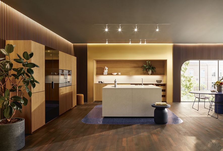 next125 wooden kitchen with dining room and living room