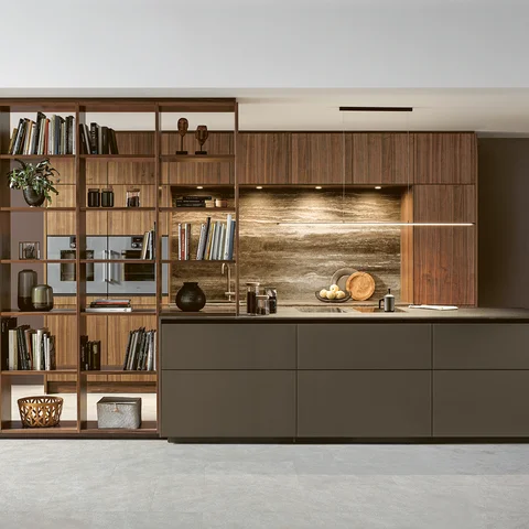 open plan kitchen in natural walnut with shelves