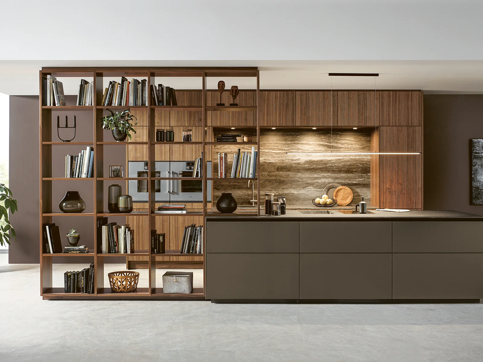 open plan kitchen in natural walnut with shelves