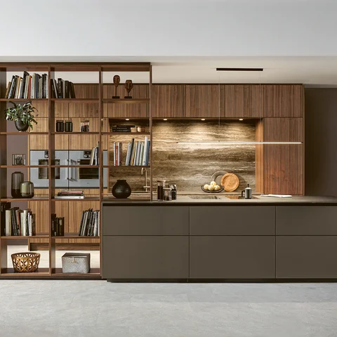 open plan kitchen in natural walnut with shelves