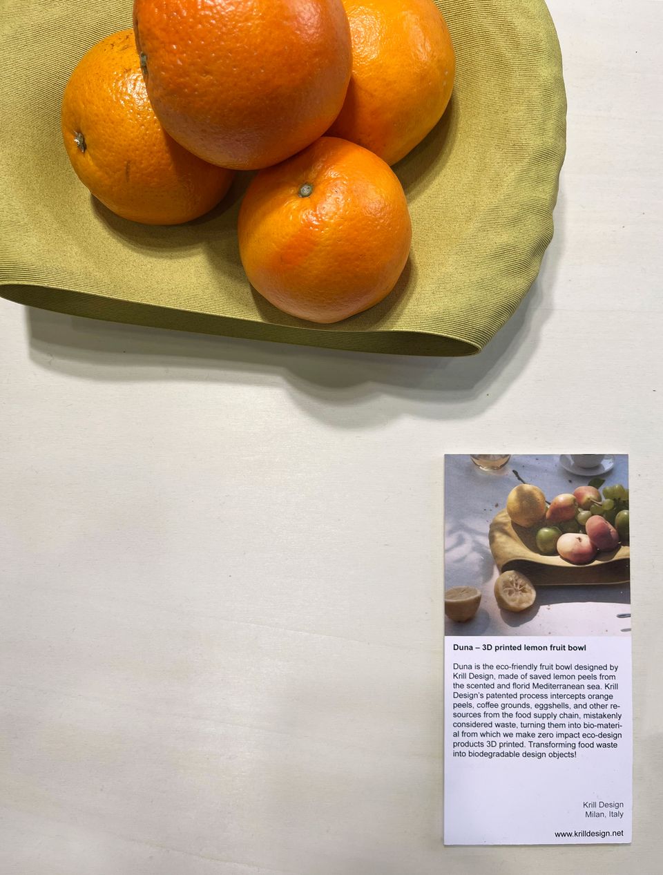 Krill Design uses products considered to be waste, such as orange peel, coffee grounds and egg shells, and converts them into biodegradable design objects through 3D printing techniques 3D printed lemon fruit bowl