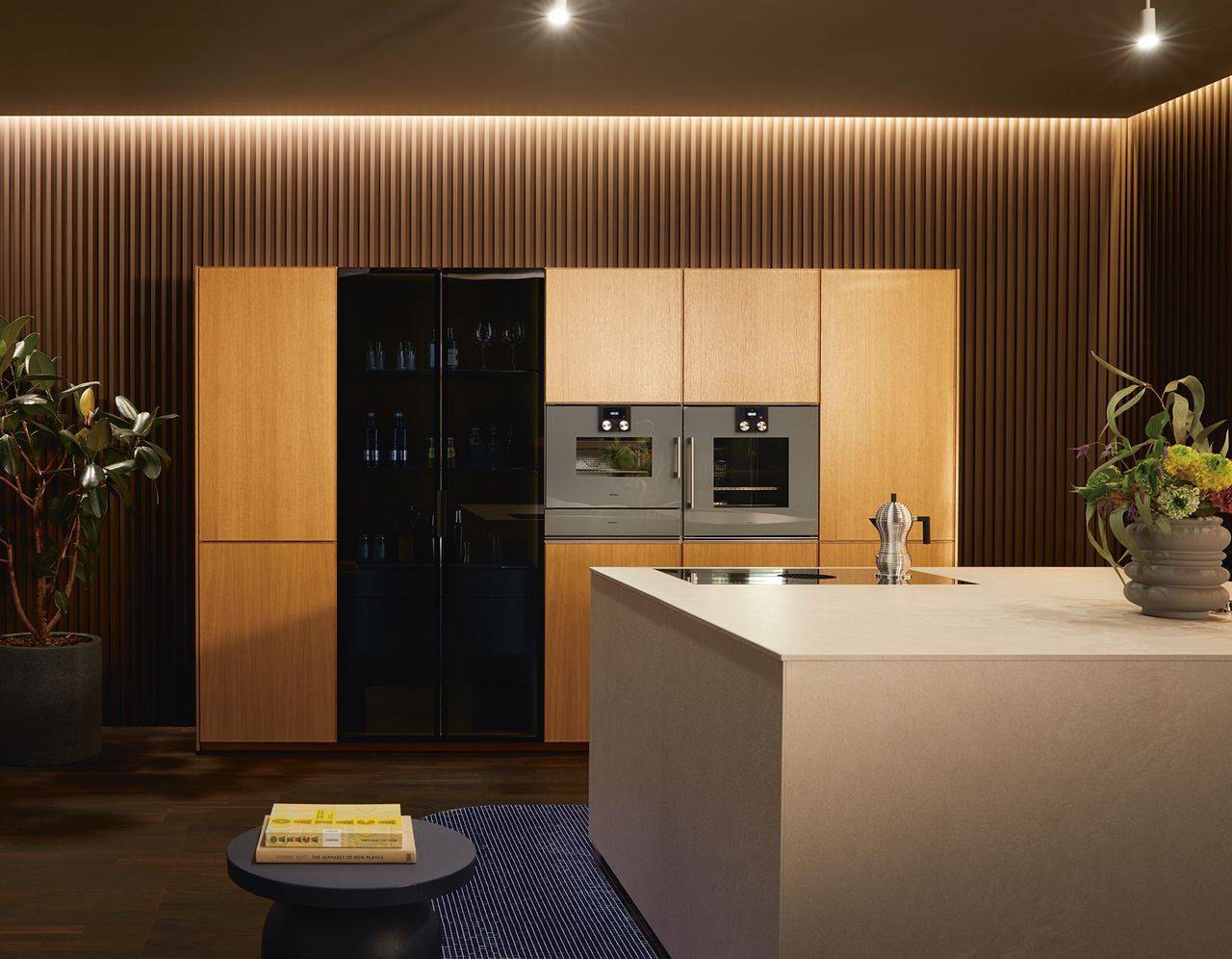 Kitchen island and a glass display unit