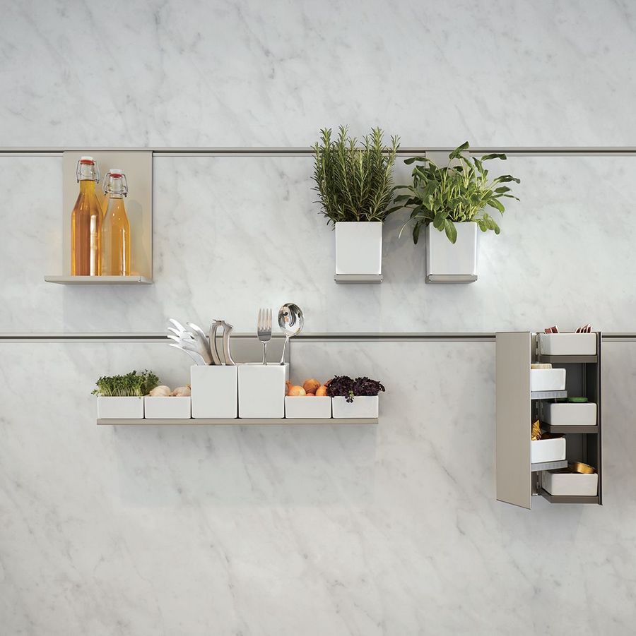 Shelves for herbs, utensils, kitchen rolls