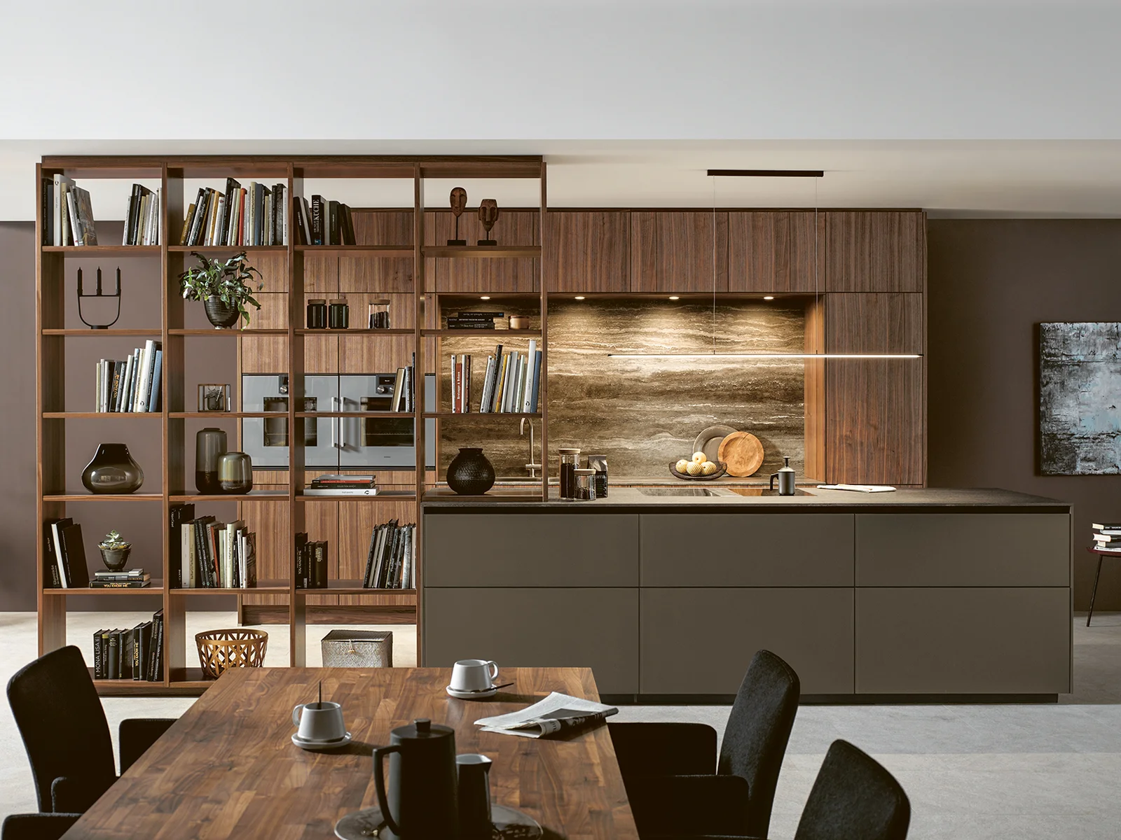 open plan kitchen in natural walnut with lighting