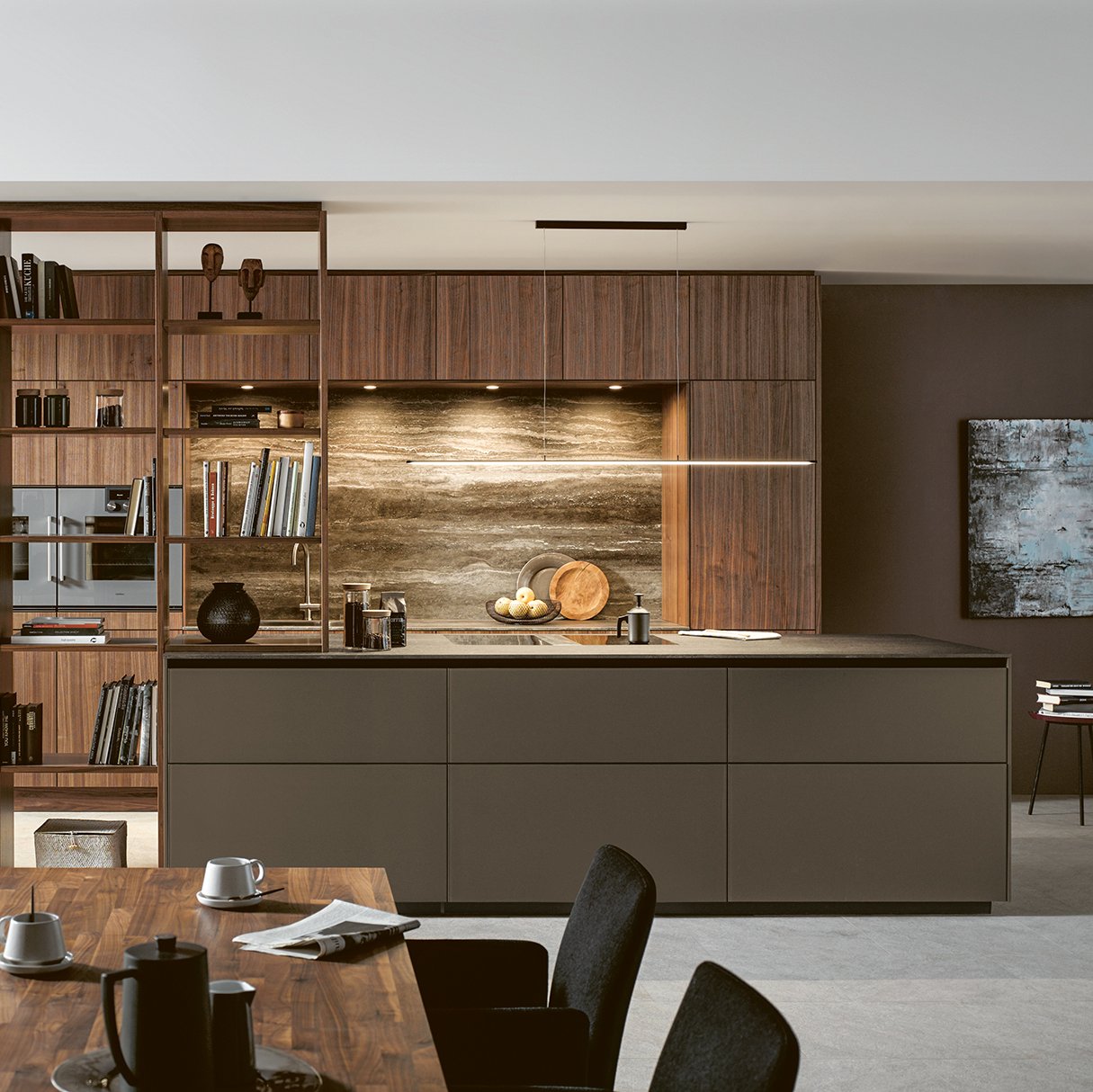 open plan kitchen in natural walnut with lighting