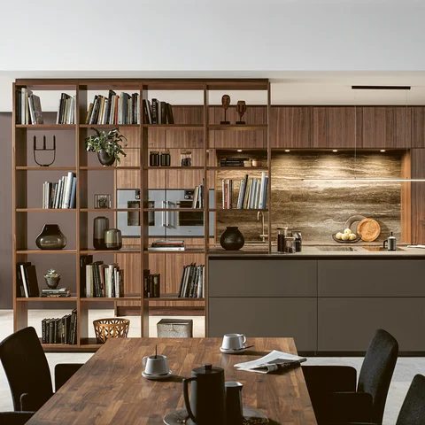 open plan kitchen in natural walnut with lighting