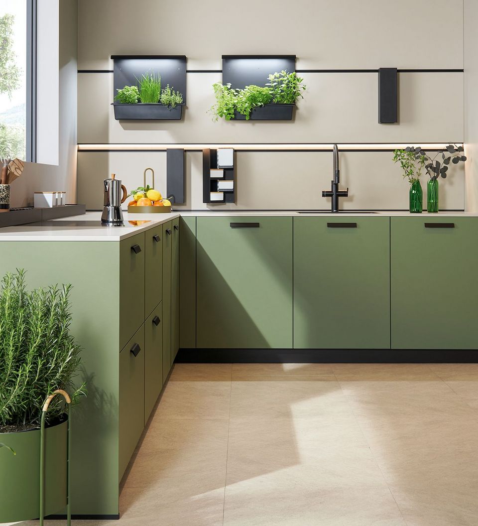 olive green kitchen with a cube system