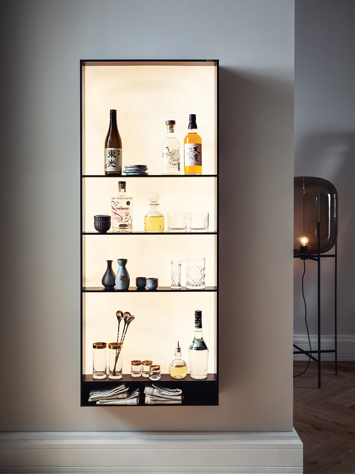 lighted space for glasses, wine
