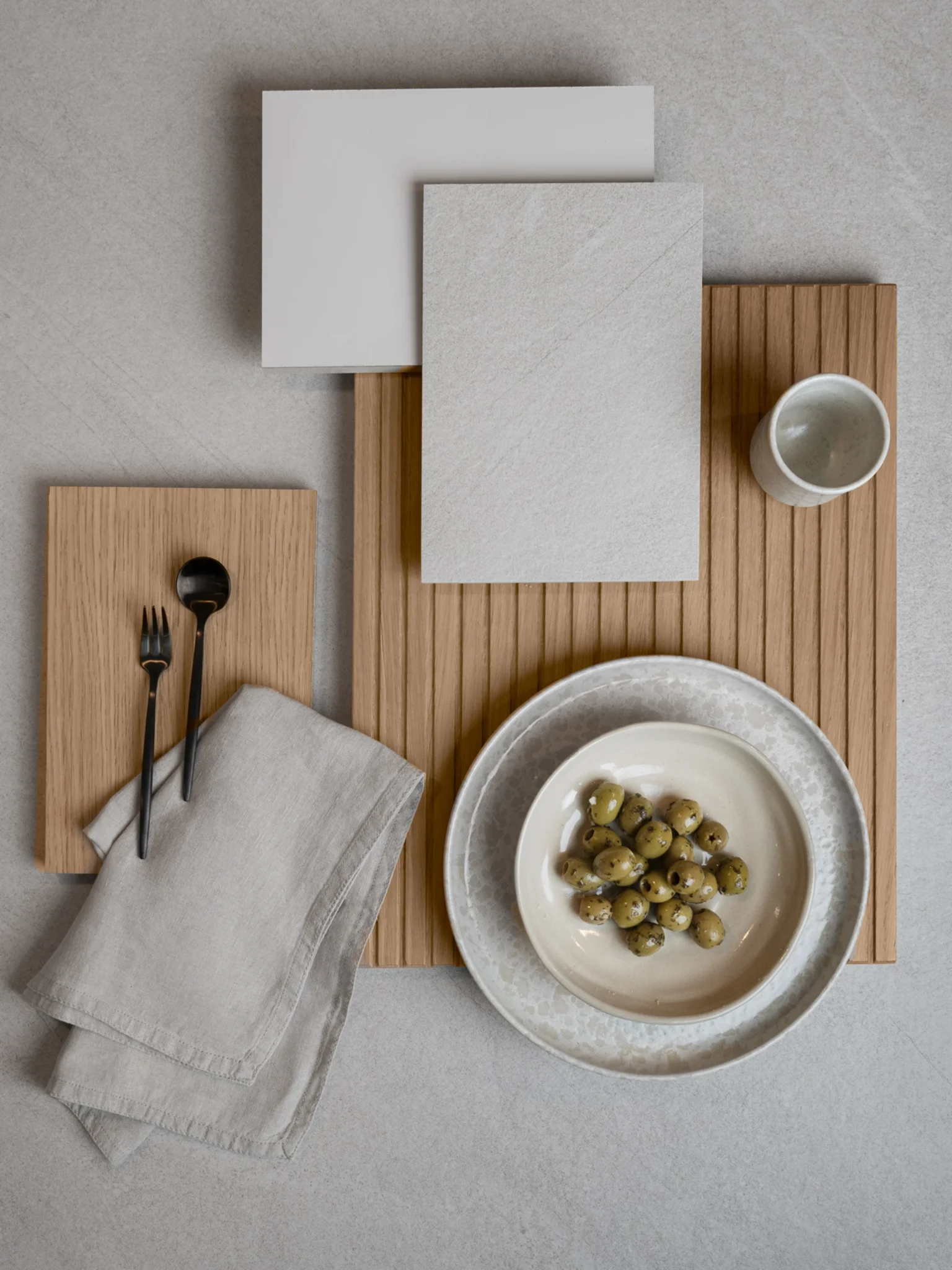 Japandi kitchen Dubai full view with oak fronts shell white cabinetry by next125