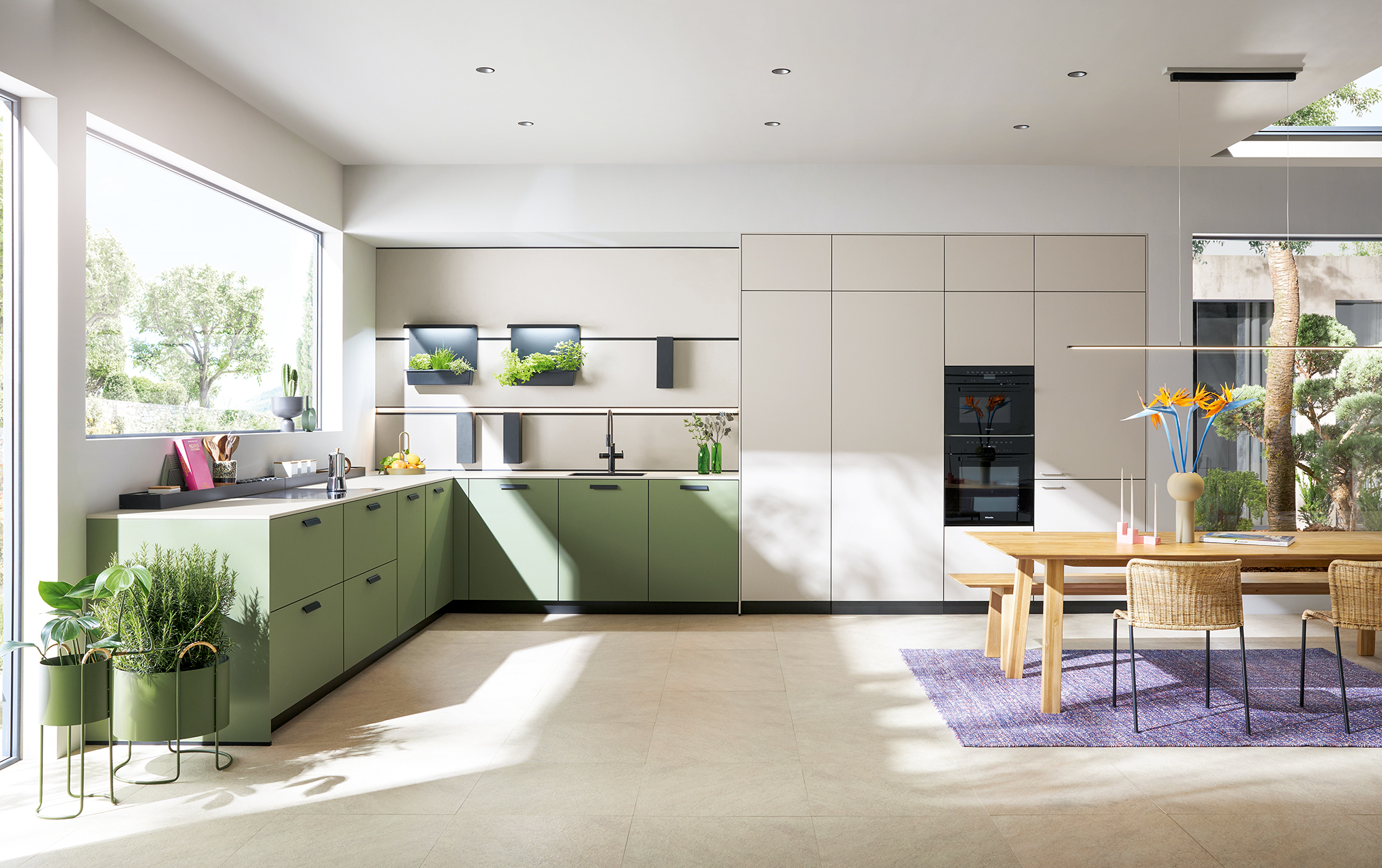 next125 Küche NX 890 Linoleum in Grün mit NX 510 und Esstisch